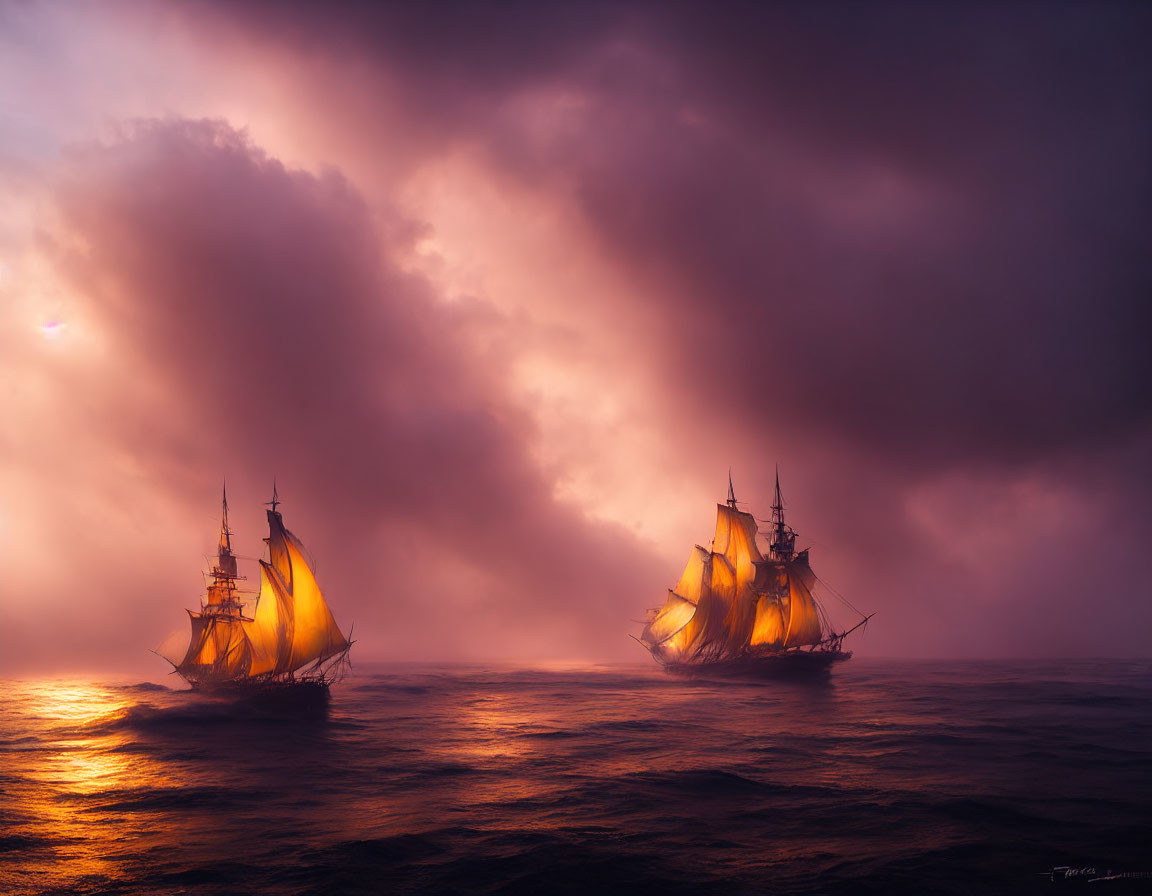 Tall ships with illuminated sails in misty, purple seascape