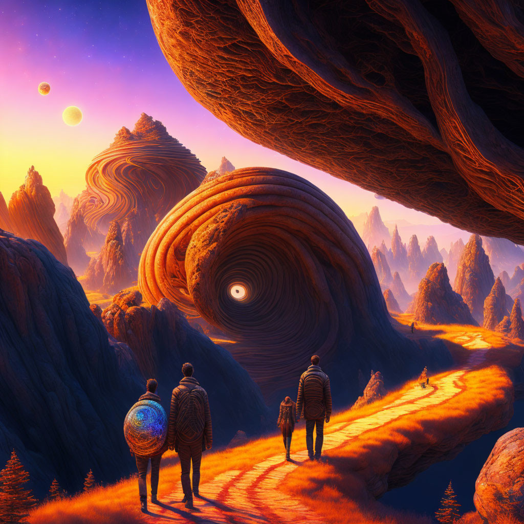 Three People on Surreal Landscape with Orange Hues and Planets