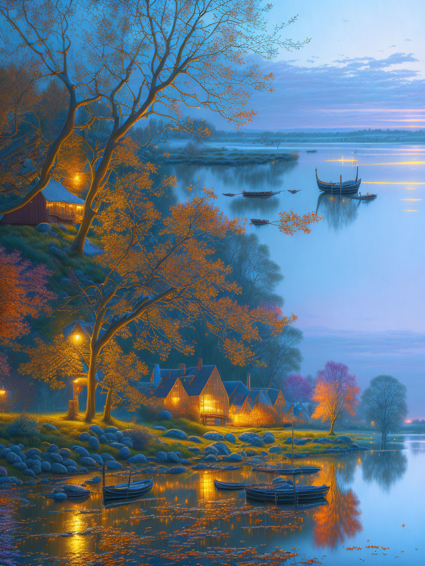 Tranquil autumn twilight by water with cozy cottages, vibrant trees, boats, and peaceful ambiance