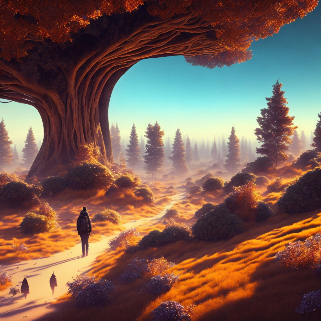 Person and Dog Walking in Fantastical Landscape with Giant Trees and Golden Field at Sunrise or Sunset