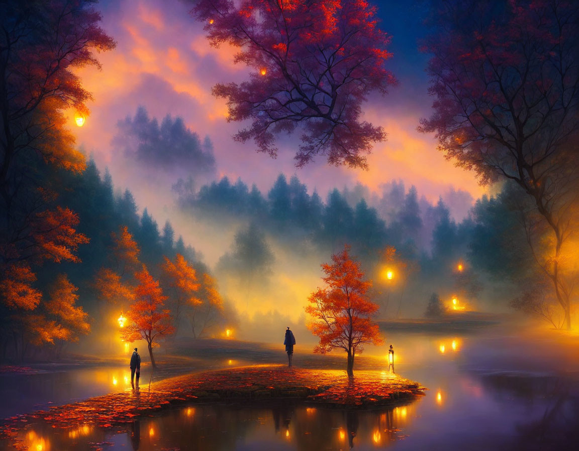 Mystical autumn scene: silhouettes, vibrant trees, misty lake, glowing lights