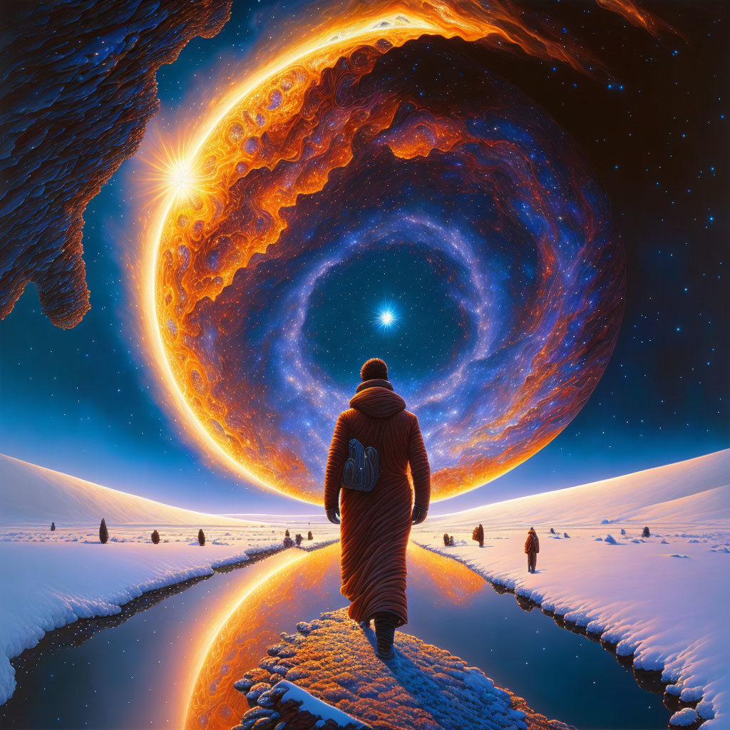 Person in Warm Coat Walking Towards Large Celestial Body in Surreal Snowy Landscape