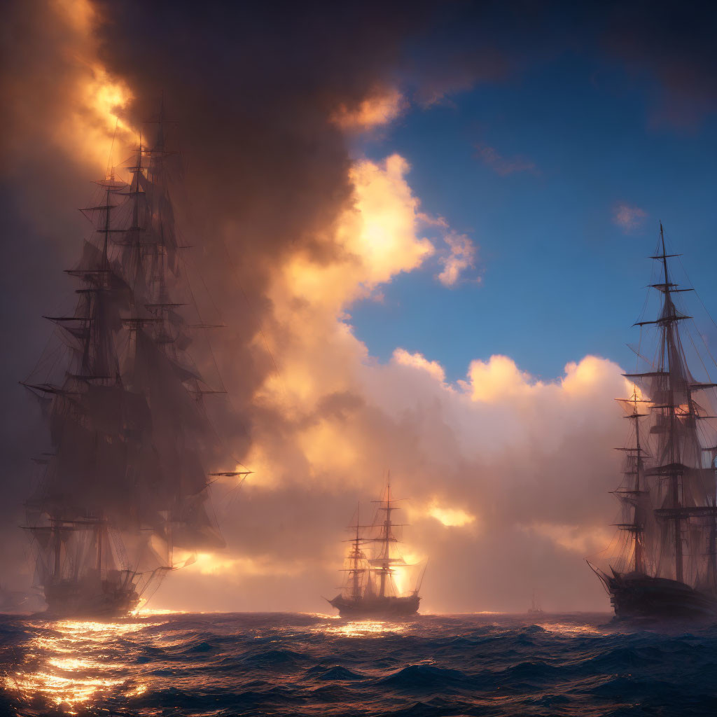 Tall ships sailing in stormy seas at sunset with dark clouds and golden light