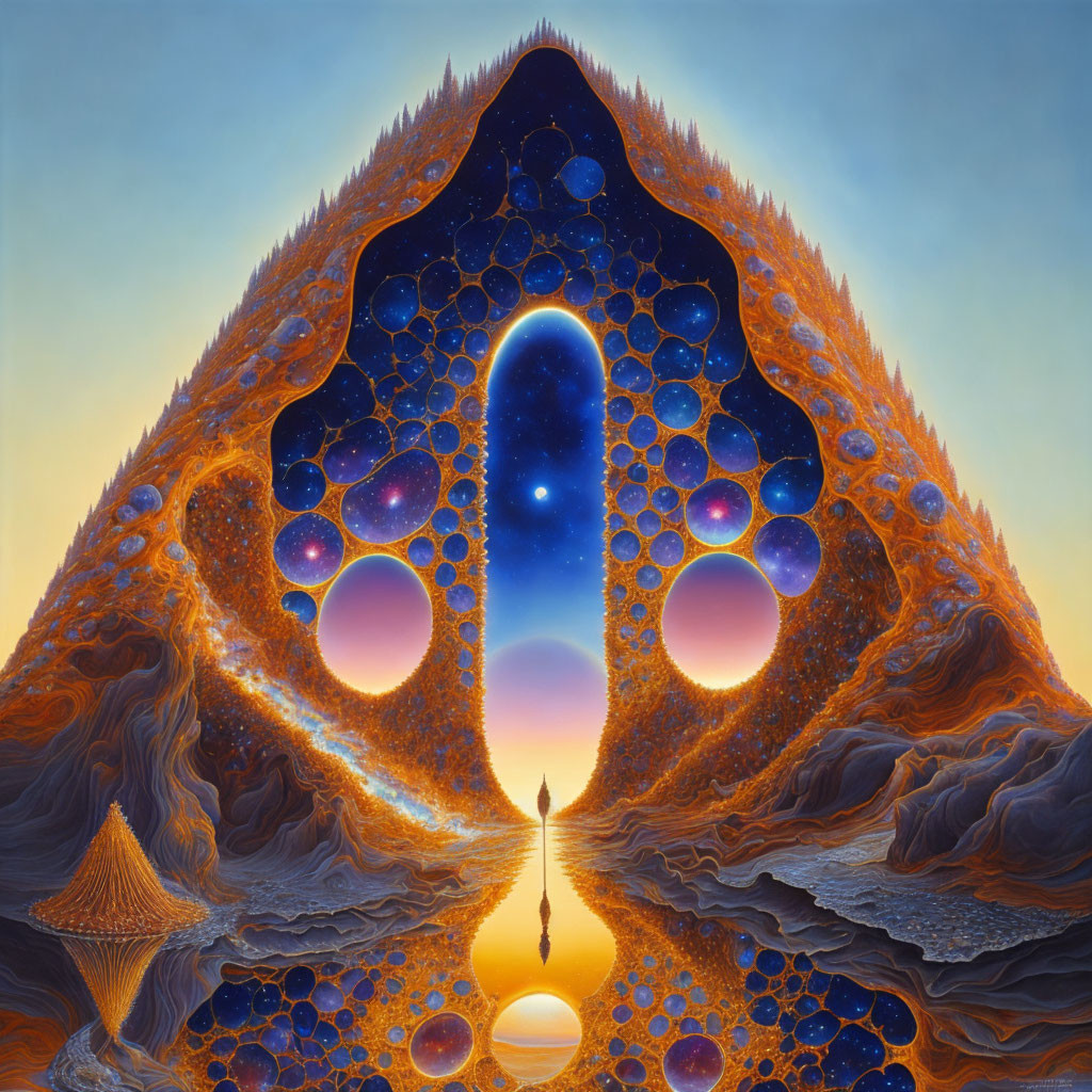 Surreal vibrant artwork: figure walking to cosmic gate, surrounded by fractal patterns.