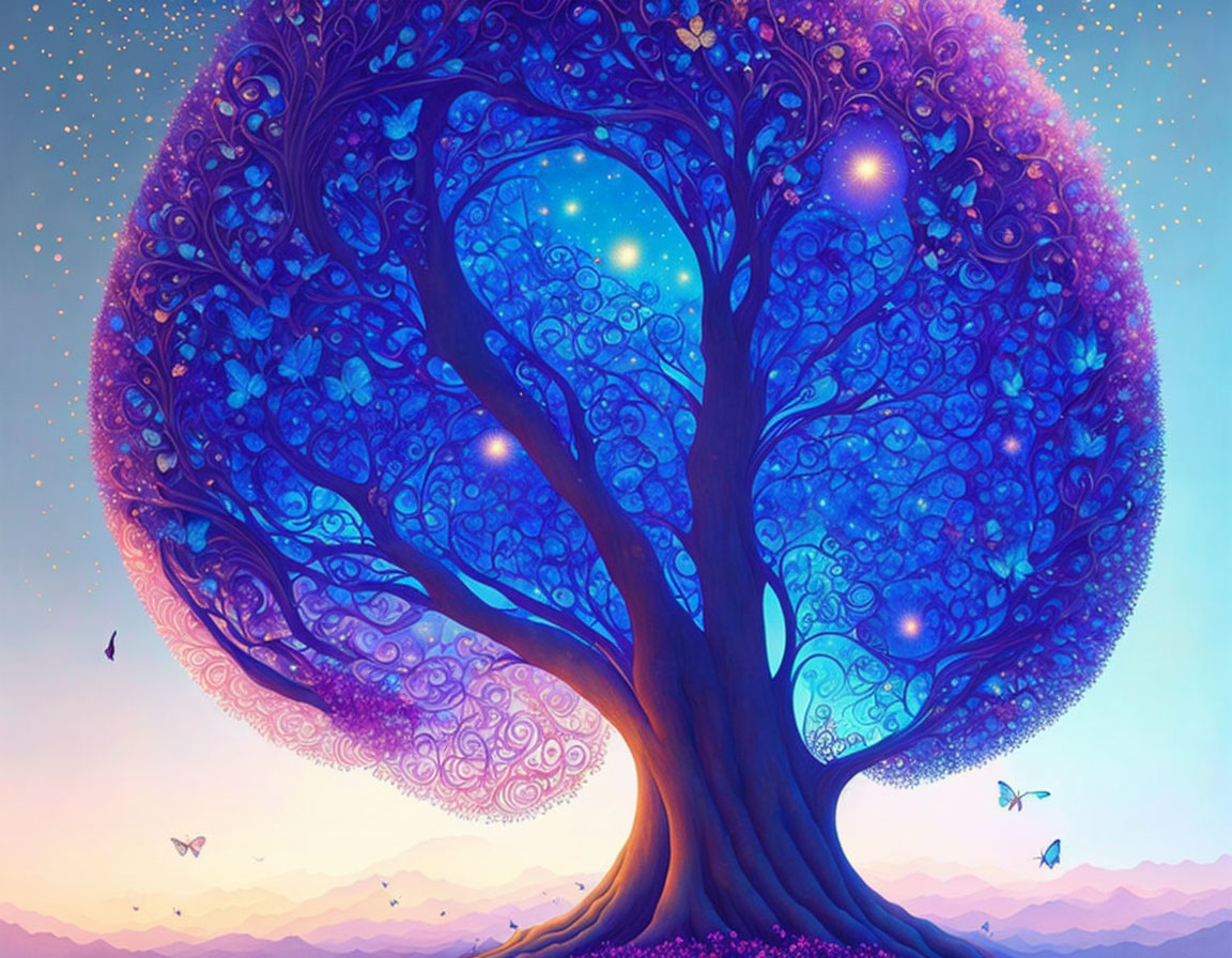 Colorful magical tree with glowing leaves and butterflies under starry night sky