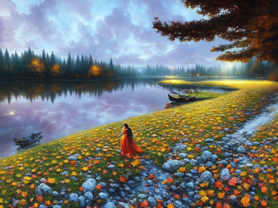 Person in Red Cloak by Serene Autumn Lake at Twilight