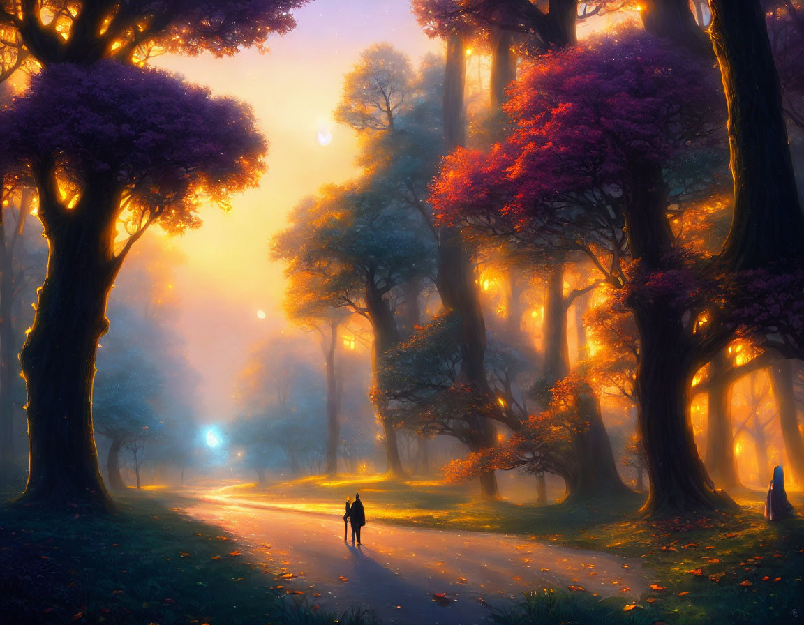 Person walking among vibrant purple trees in mystical forest scene