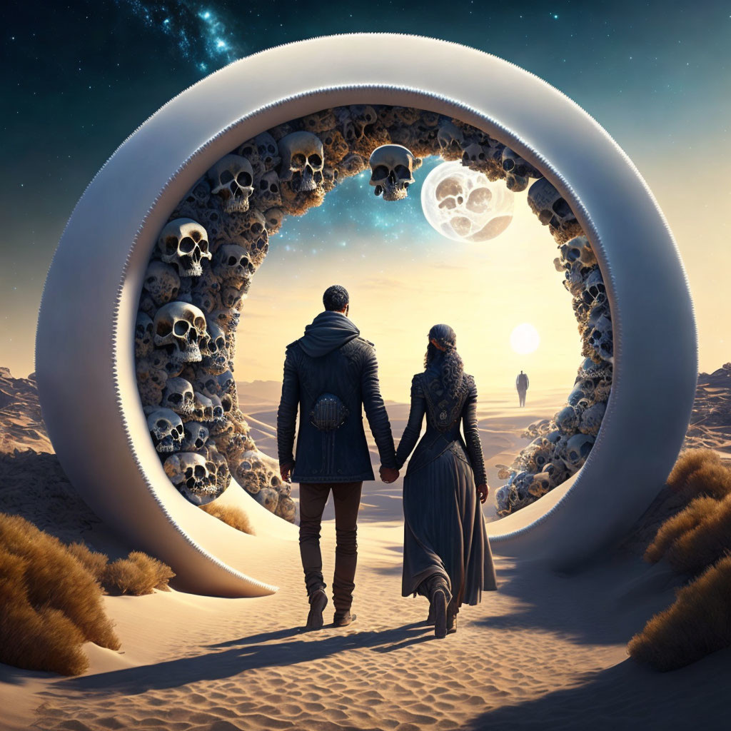 Couple Holding Hands Near Skull Archway in Moonlit Desert