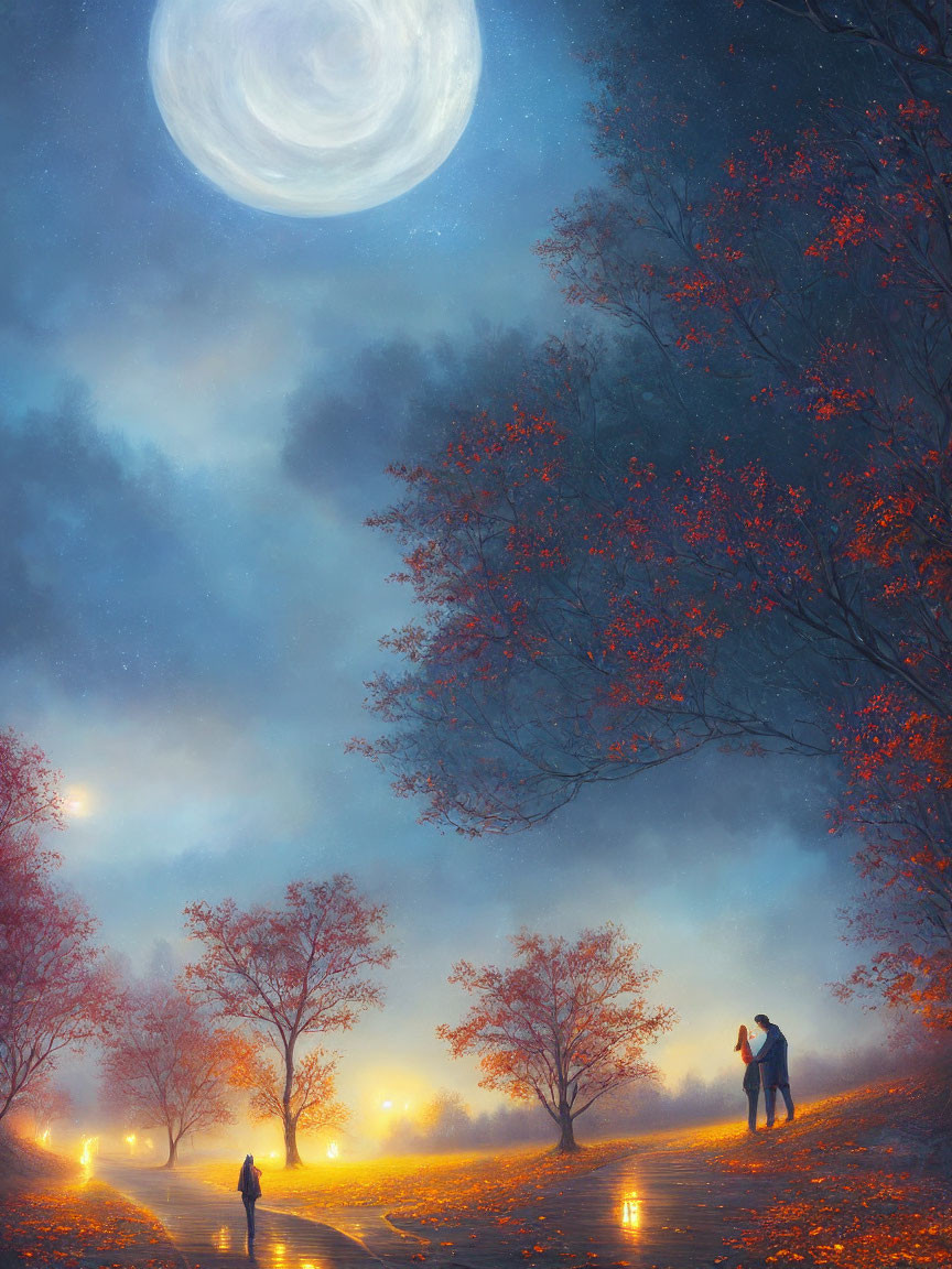 Night scene with two people under moon in park with orange trees and lit lamps.