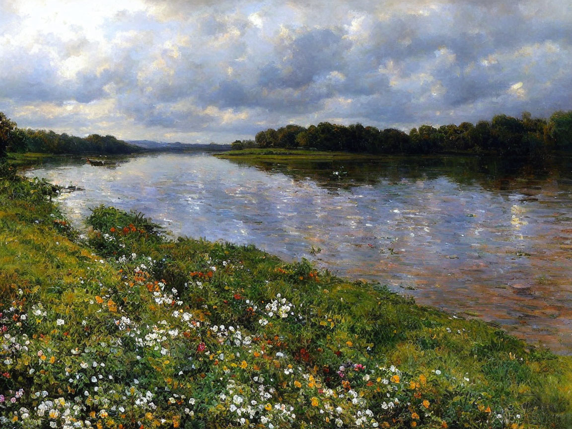 Scenic riverbank with colorful wildflowers, calm river, cloudy sky, and green trees