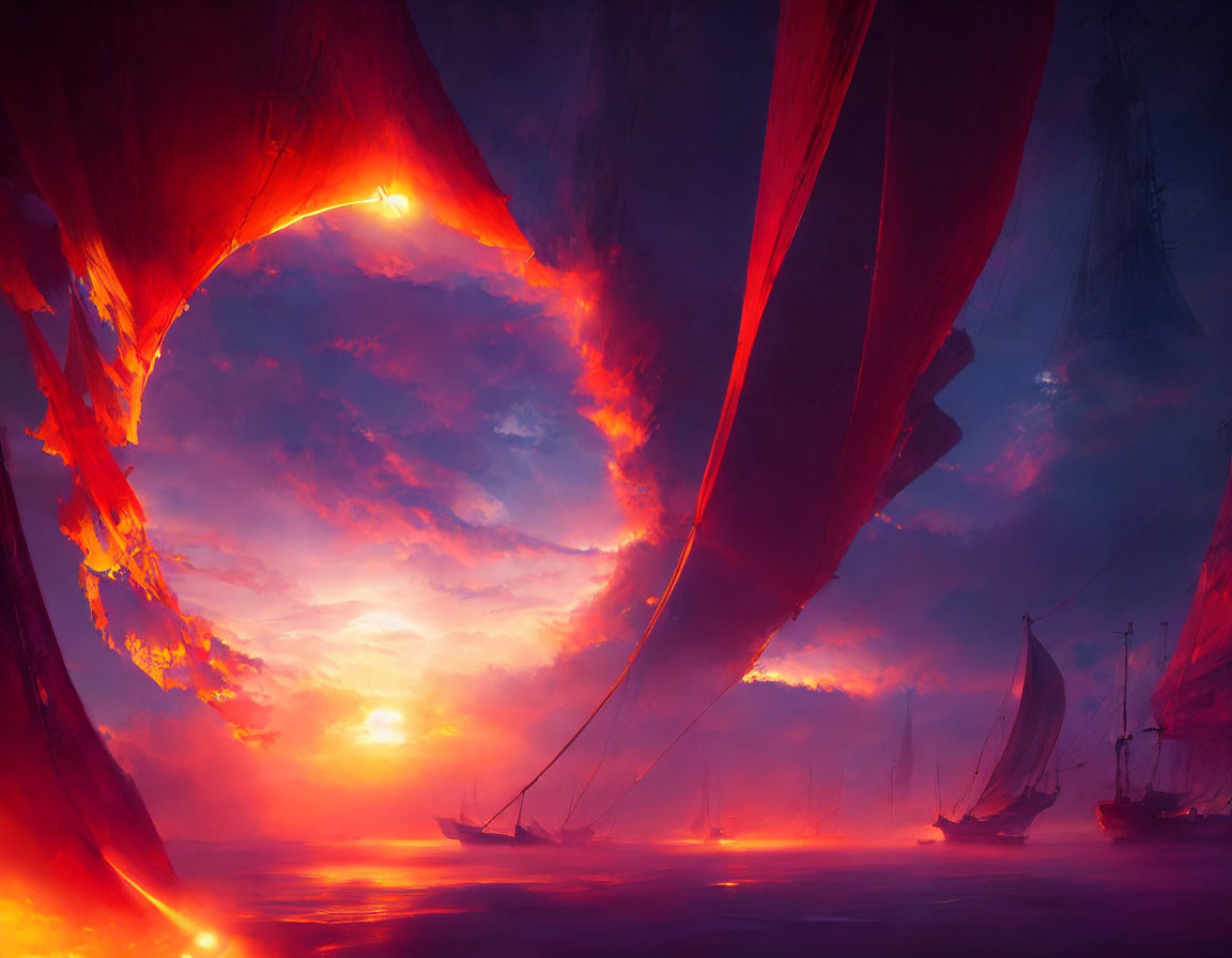 Surreal sailboats on crimson sea with rock formations under vibrant sunset.