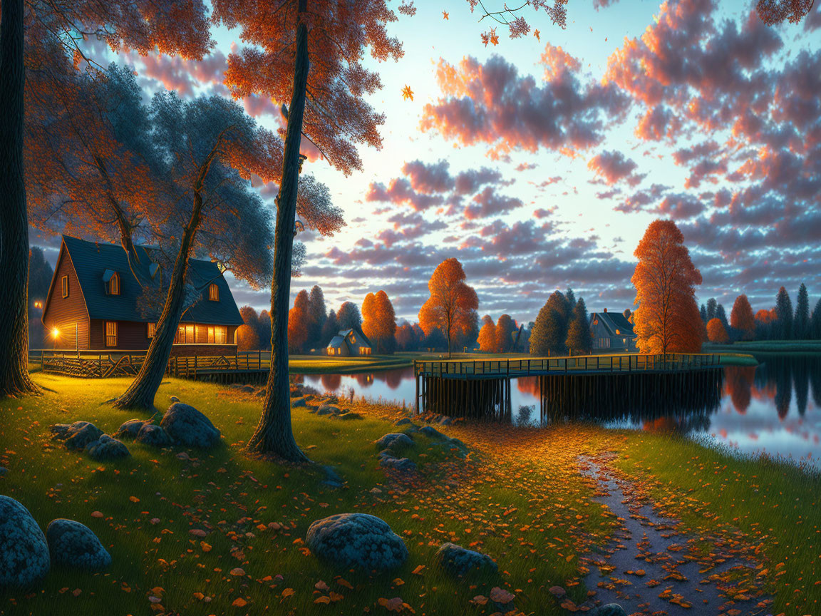 Tranquil lake scene at dusk with cozy cottage, wooden pier, autumn trees, and dramatic sky