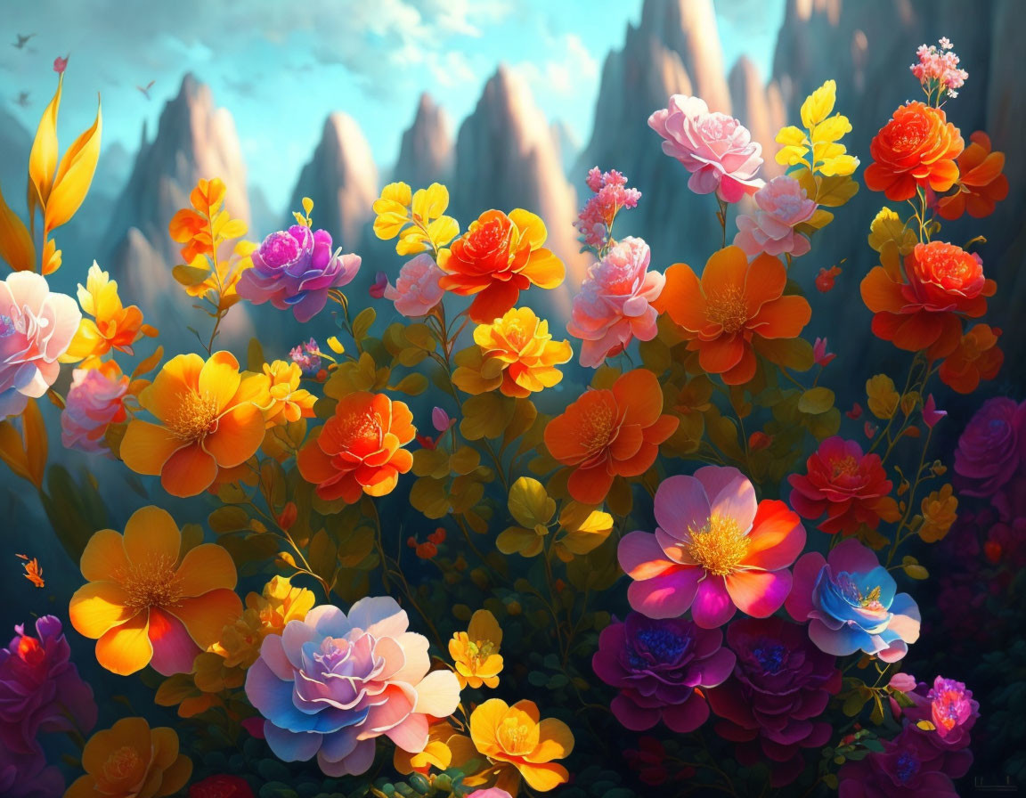 Colorful Flowers and Mystical Mountain Peaks Illustration