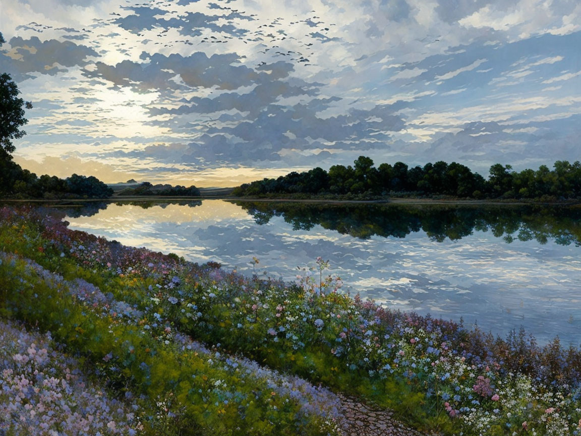 Tranquil river at sunrise with cloudy sky and wildflowers