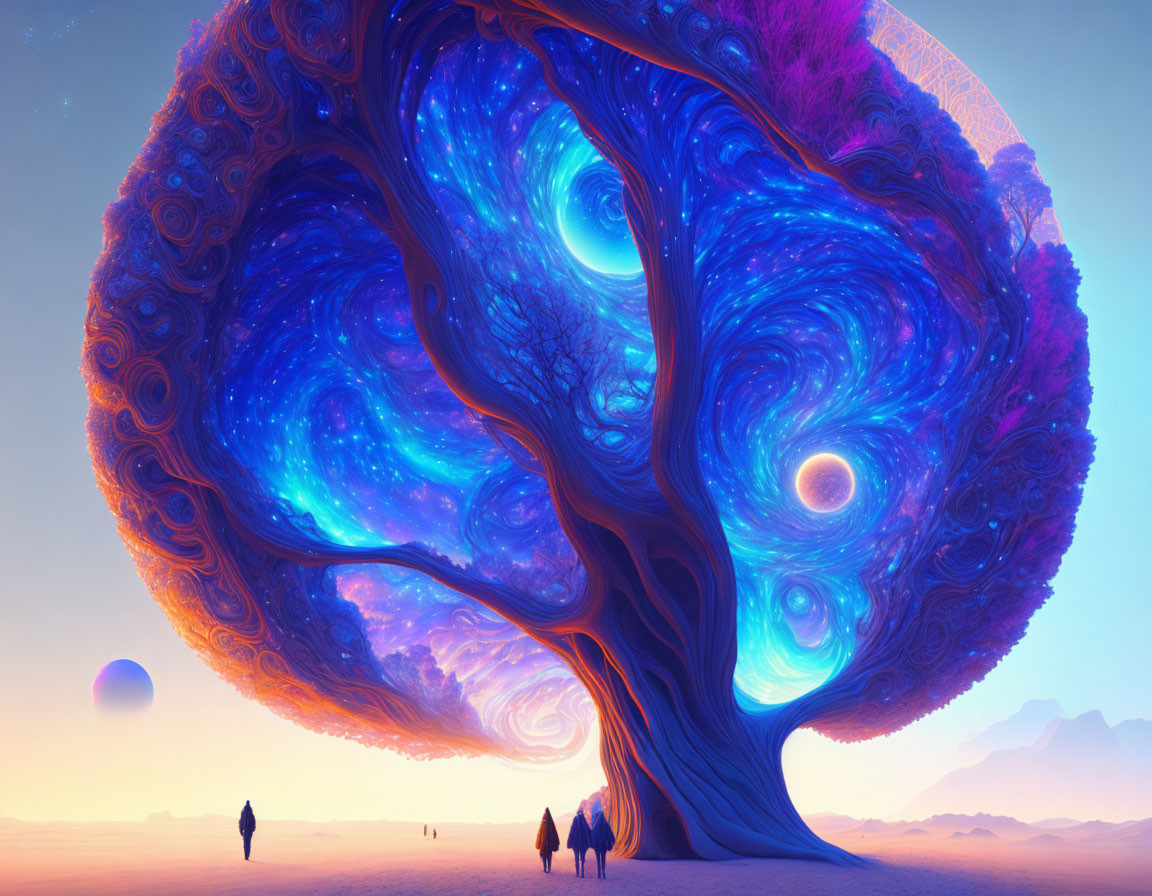 Majestic fantasy tree in desert landscape at dusk with celestial bodies