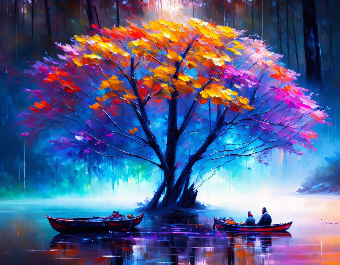 Autumn-themed painting featuring boats, tree, and forest reflection