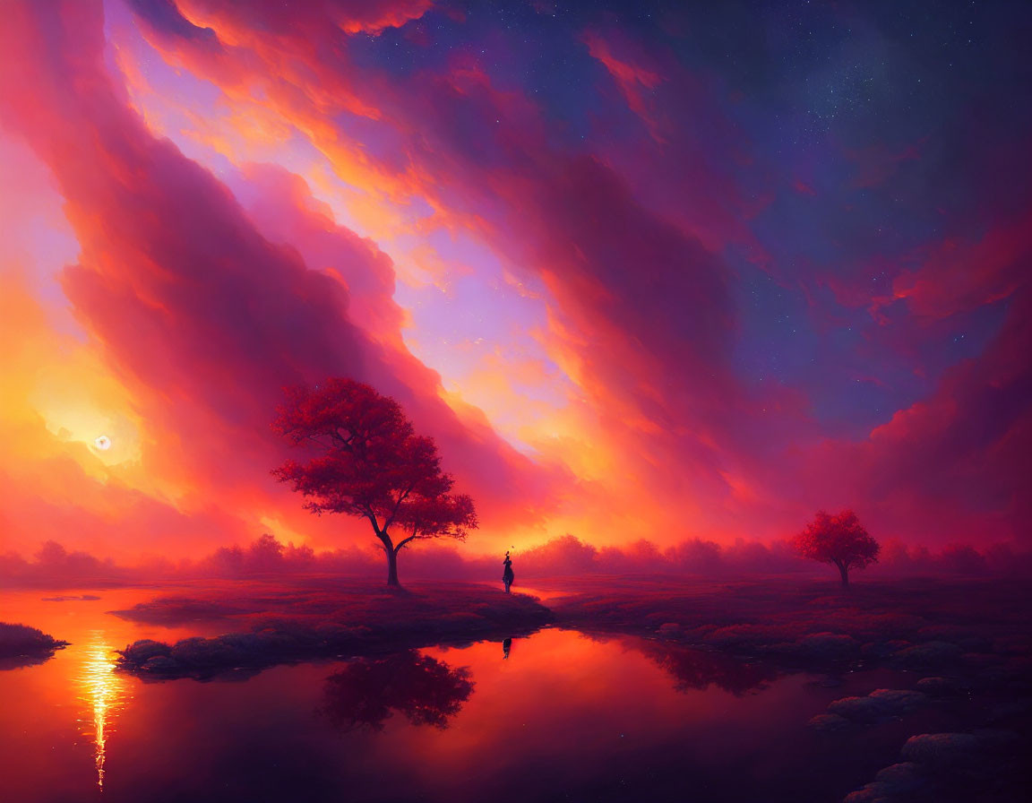 Surreal digital artwork: fiery sky, serene lake, silhouetted figures