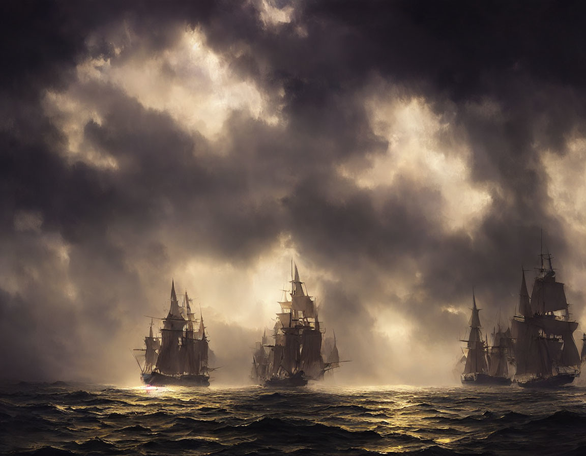 Tall Ships Sailing in Stormy Seas under Sunlight Rays