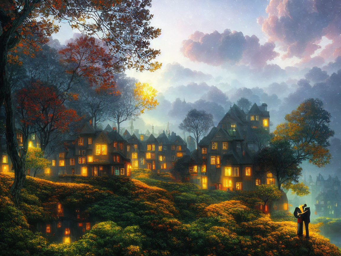 Twilight scene: Cozy houses, lush trees, serene water, couple admiring view