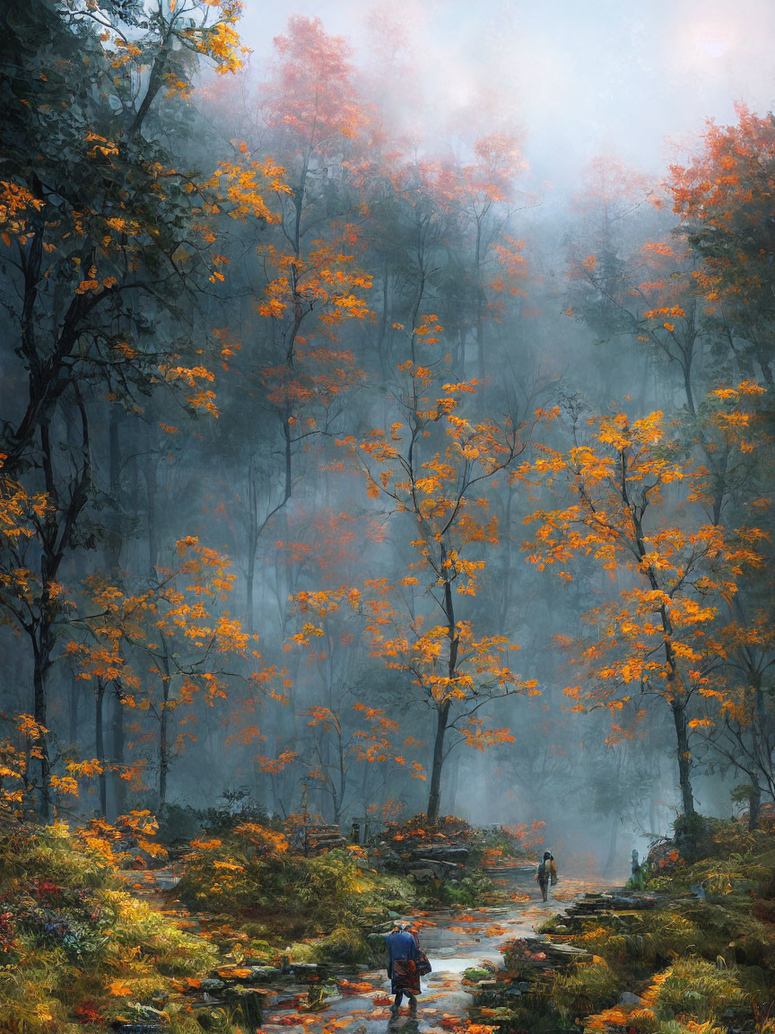 Misty forest with orange-leaved trees, stream, two figures