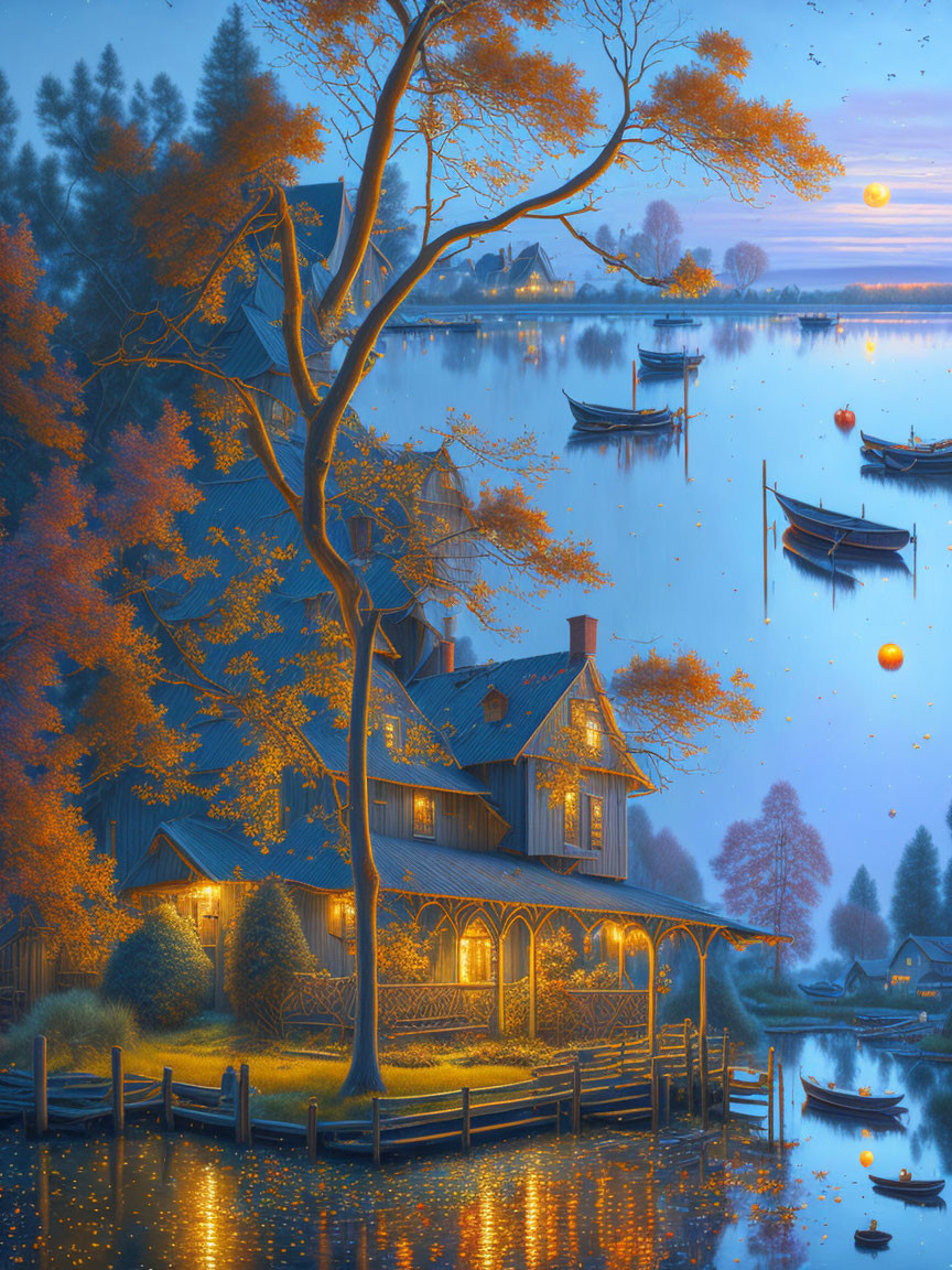 Twilight lakeside scene with glowing lanterns, illuminated house, boats, autumnal trees, star