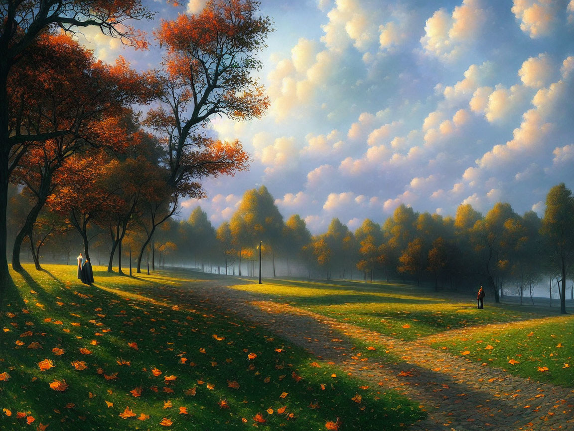 Tranquil autumn landscape with fallen leaves, winding path, strolling people, and serene lake