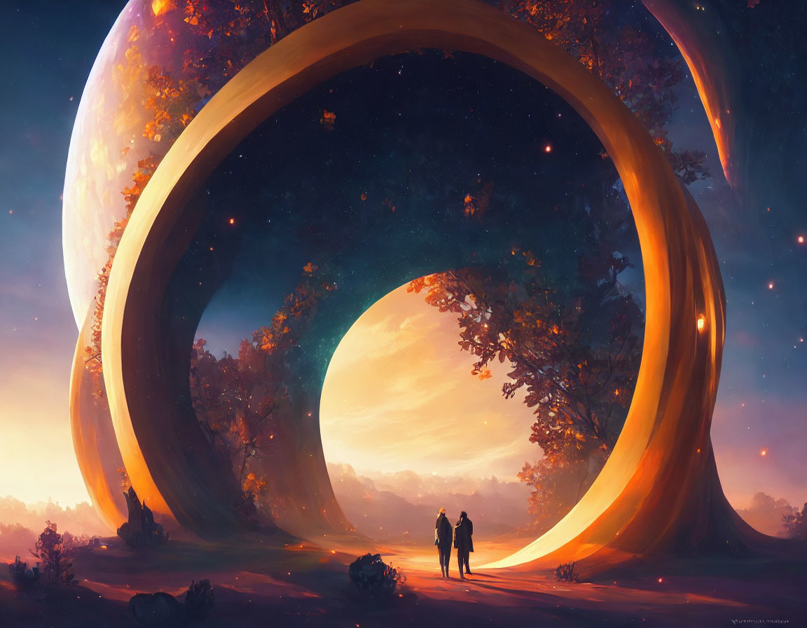 Surreal circular gateway frames starry twilight sky forest landscape