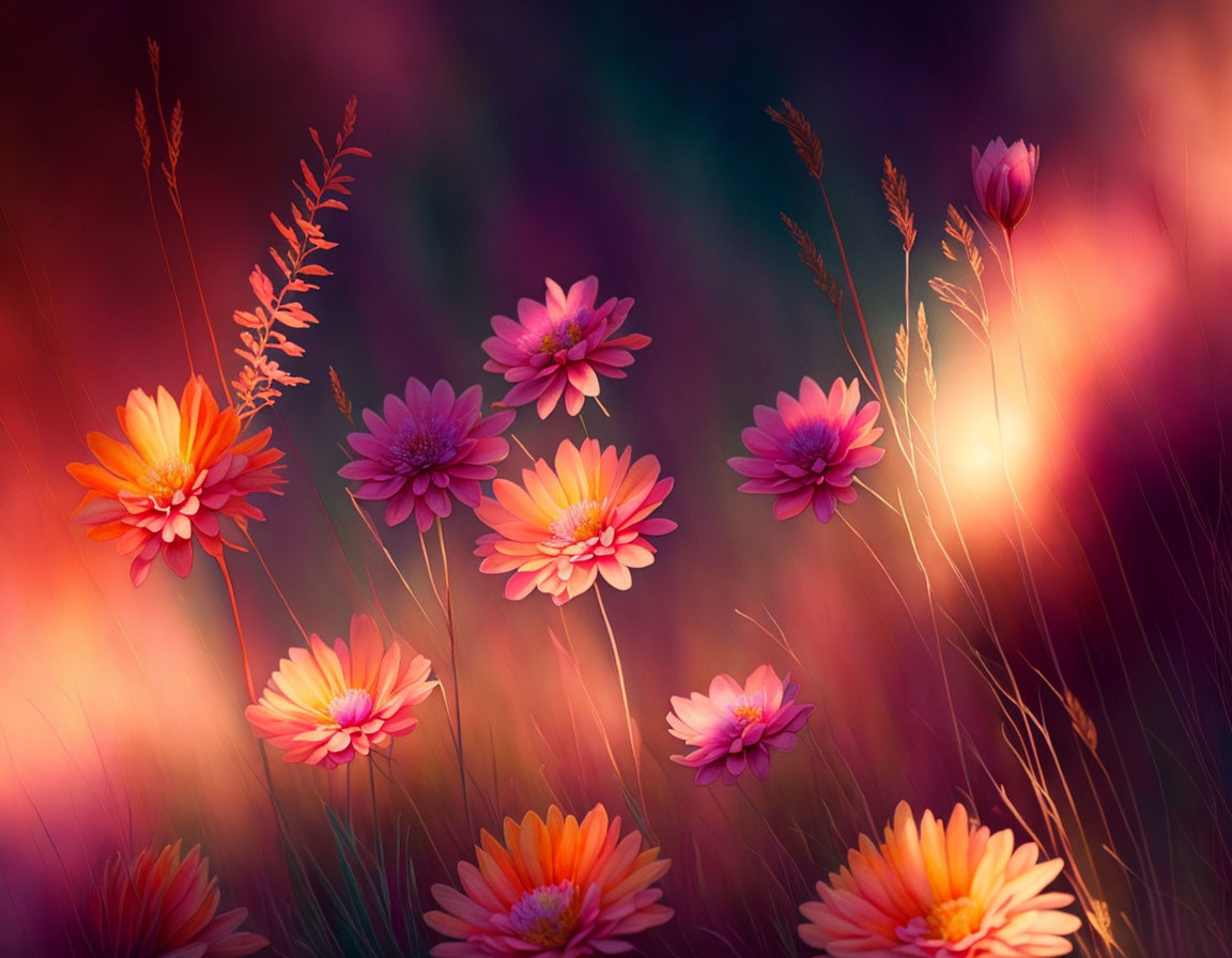 Colorful Pink and Orange Flowers on Blurred Purple and Green Background