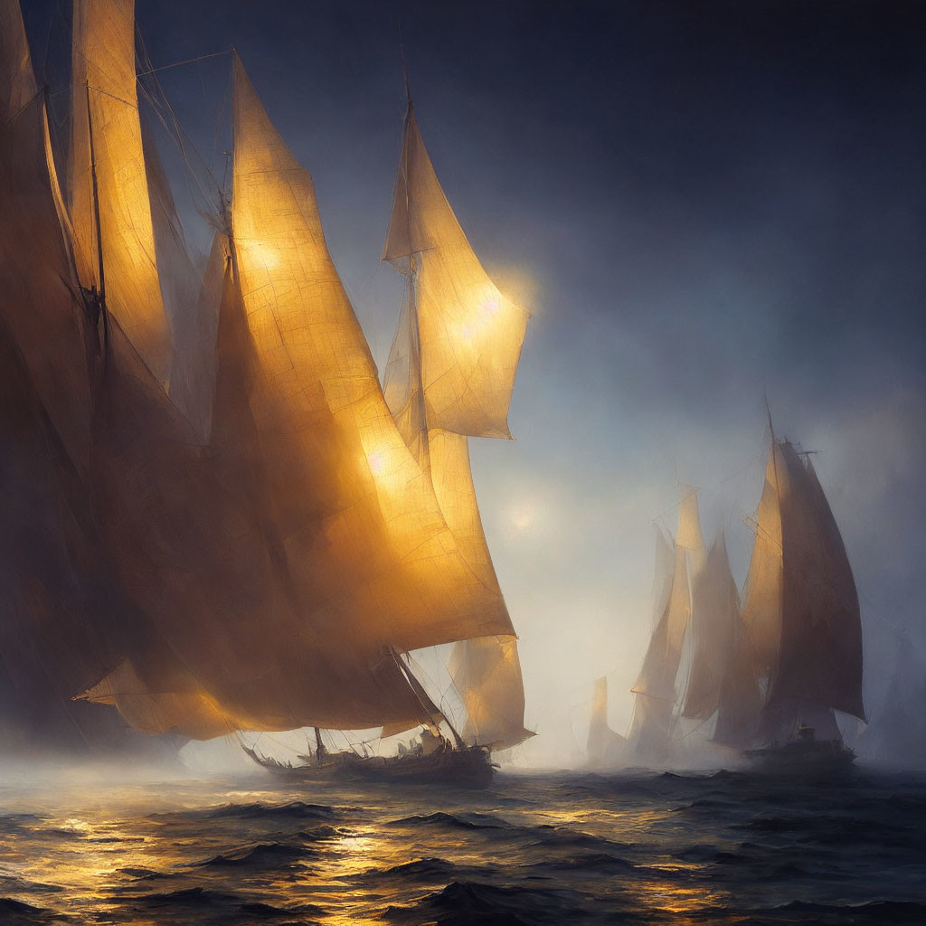 Glowing sails on tall ships in misty waters under dim light