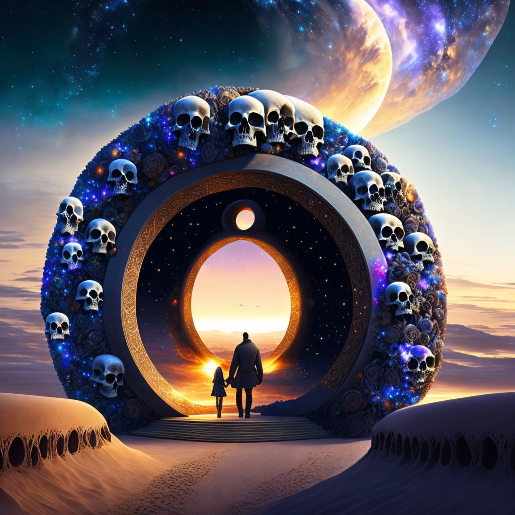 Person and Child Walking Towards Surreal Portal with Skulls and Cosmic Sky