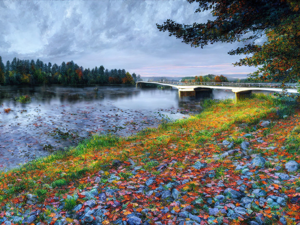 Tranquil twilight river scene with stone bridge and autumn leaves