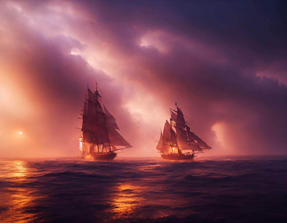 Tall ships sailing at sunset in stormy sky with radiant sun.