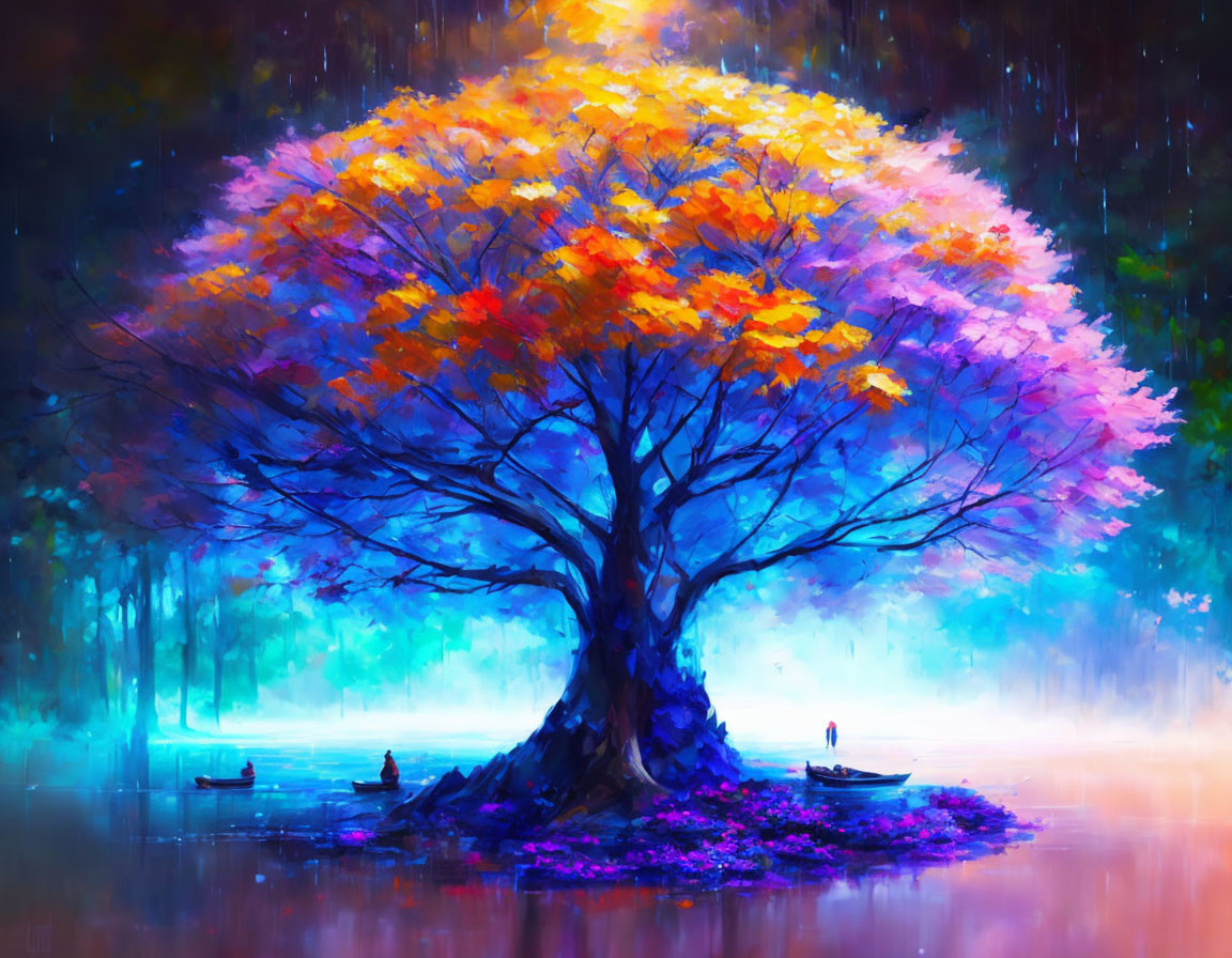 Colorful painting of ethereal tree, boats on water, misty backdrop