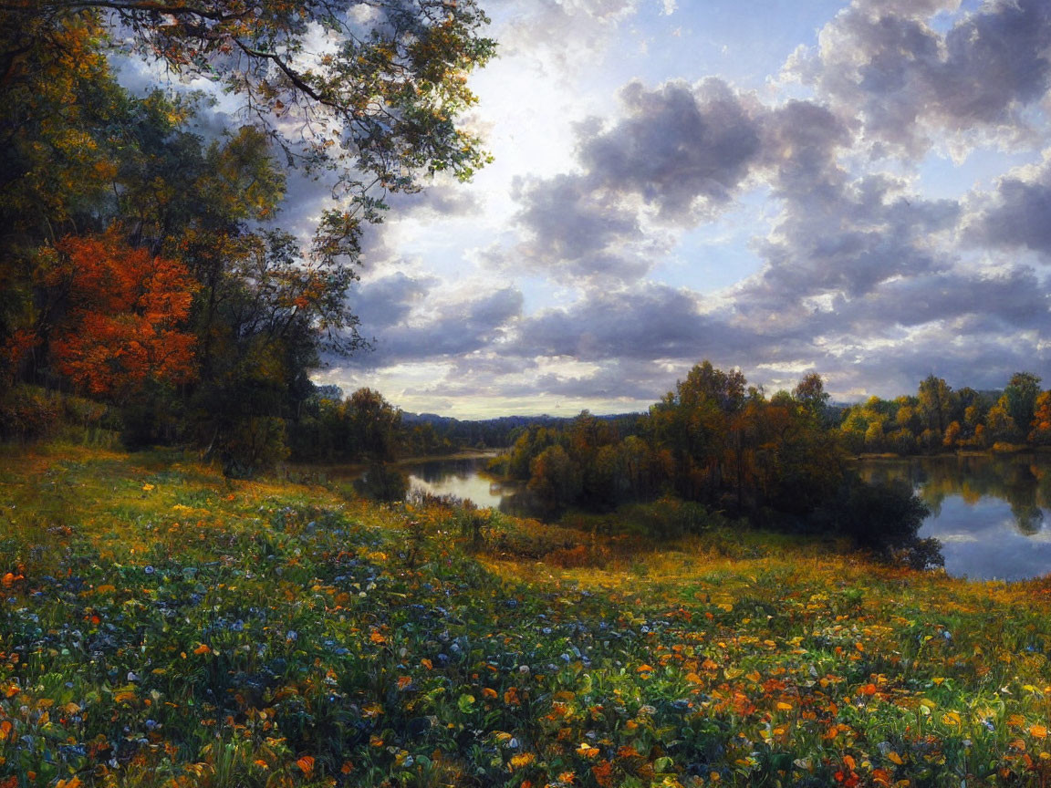 Lush meadow with wildflowers, river, autumn trees, cloudy sky