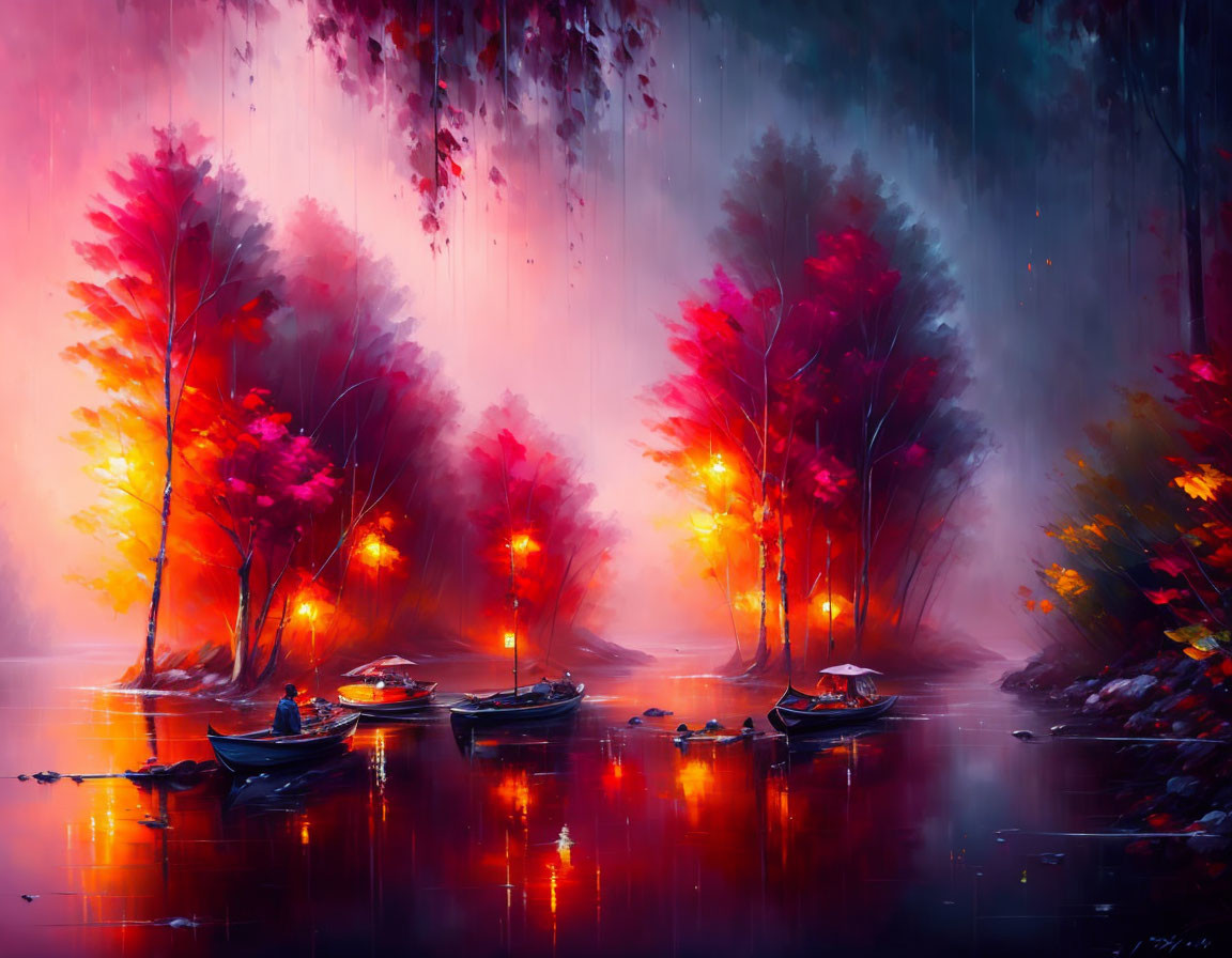 Digital Artwork: Serene Lake Scene at Dusk with Boats and Autumn Trees