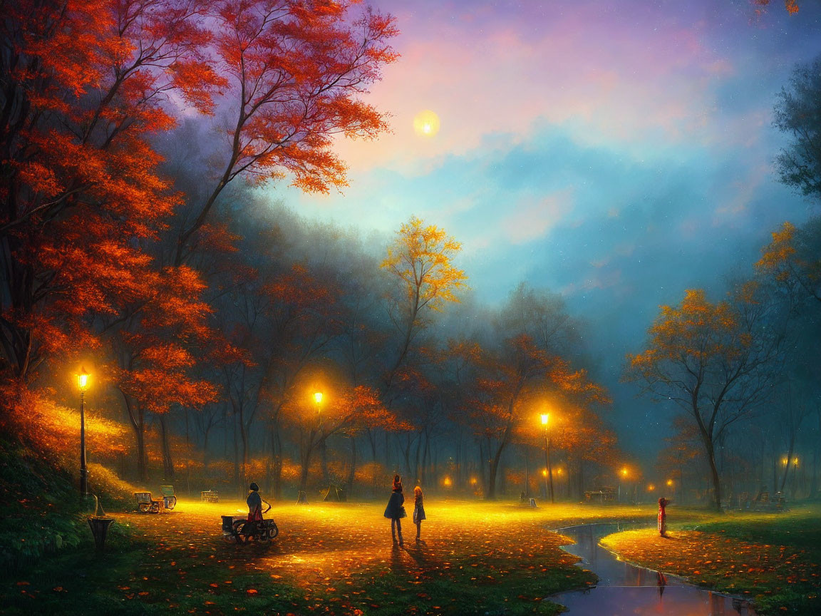 Tranquil autumn park at dusk with glowing orange trees and illuminated path