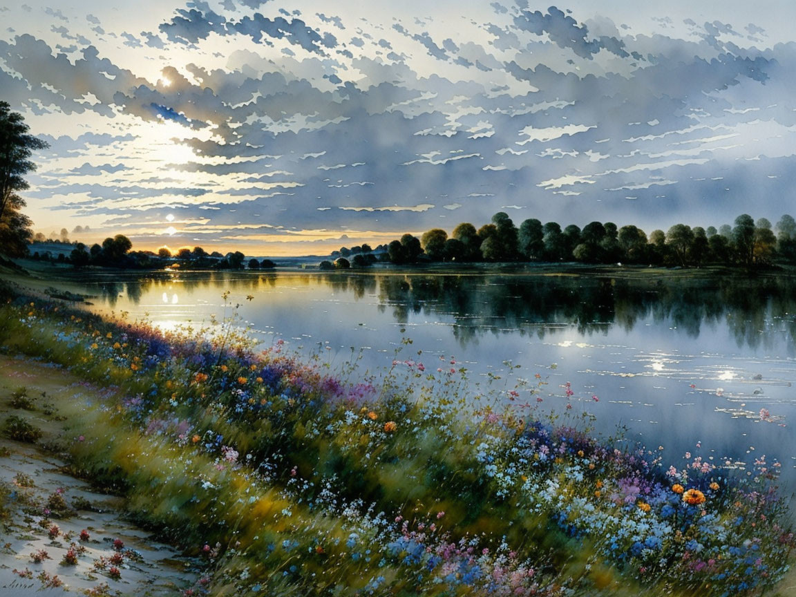 Tranquil riverbank sunset painting with wildflowers and clouds