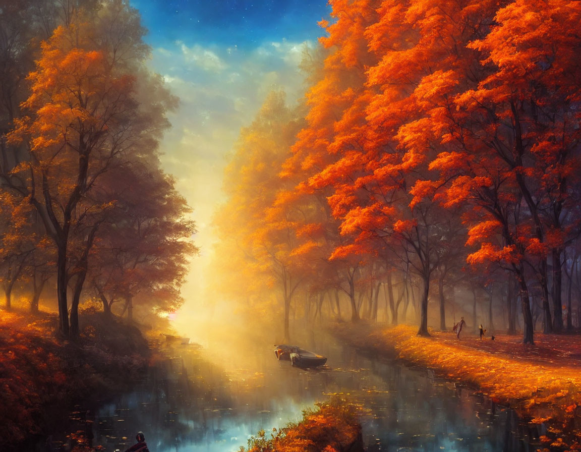 Tranquil autumn river scene with vibrant leaves and boat