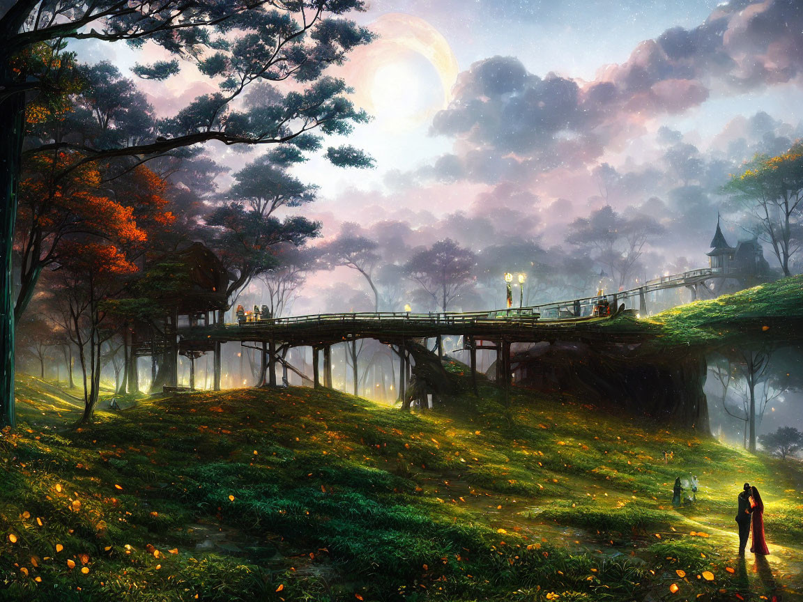 Fantasy forest scene with moon, bridge, castle, and figures