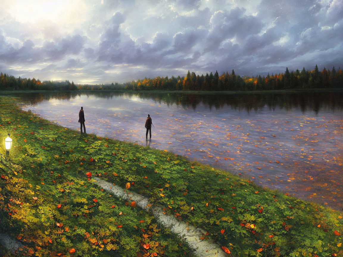 Serene lake scene with two people, autumn foliage, dramatic sky, and lit lantern