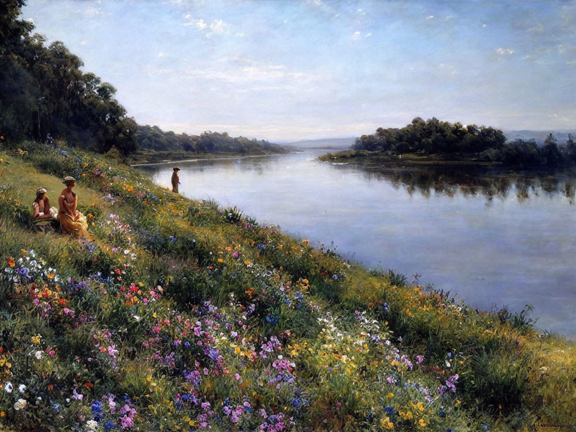 Tranquil landscape painting: people by riverbank with colorful flowers, calm waters, distant hills,