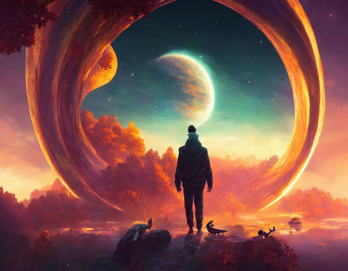 Person with dog gazes at giant ringed planet in colorful fantasy landscape