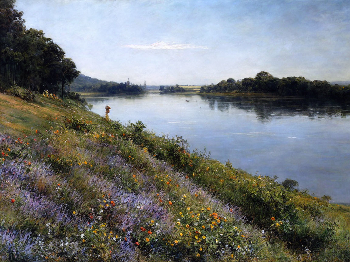 Tranquil river landscape with vibrant wildflowers, calm water, lush tree line