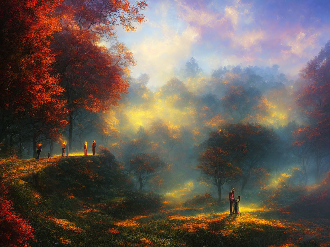 Tranquil autumn forest with vibrant orange foliage and misty atmosphere