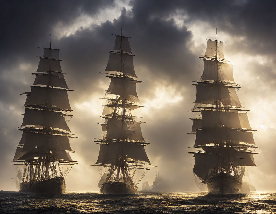 Tall ships with full sails on stormy seas under dramatic sky