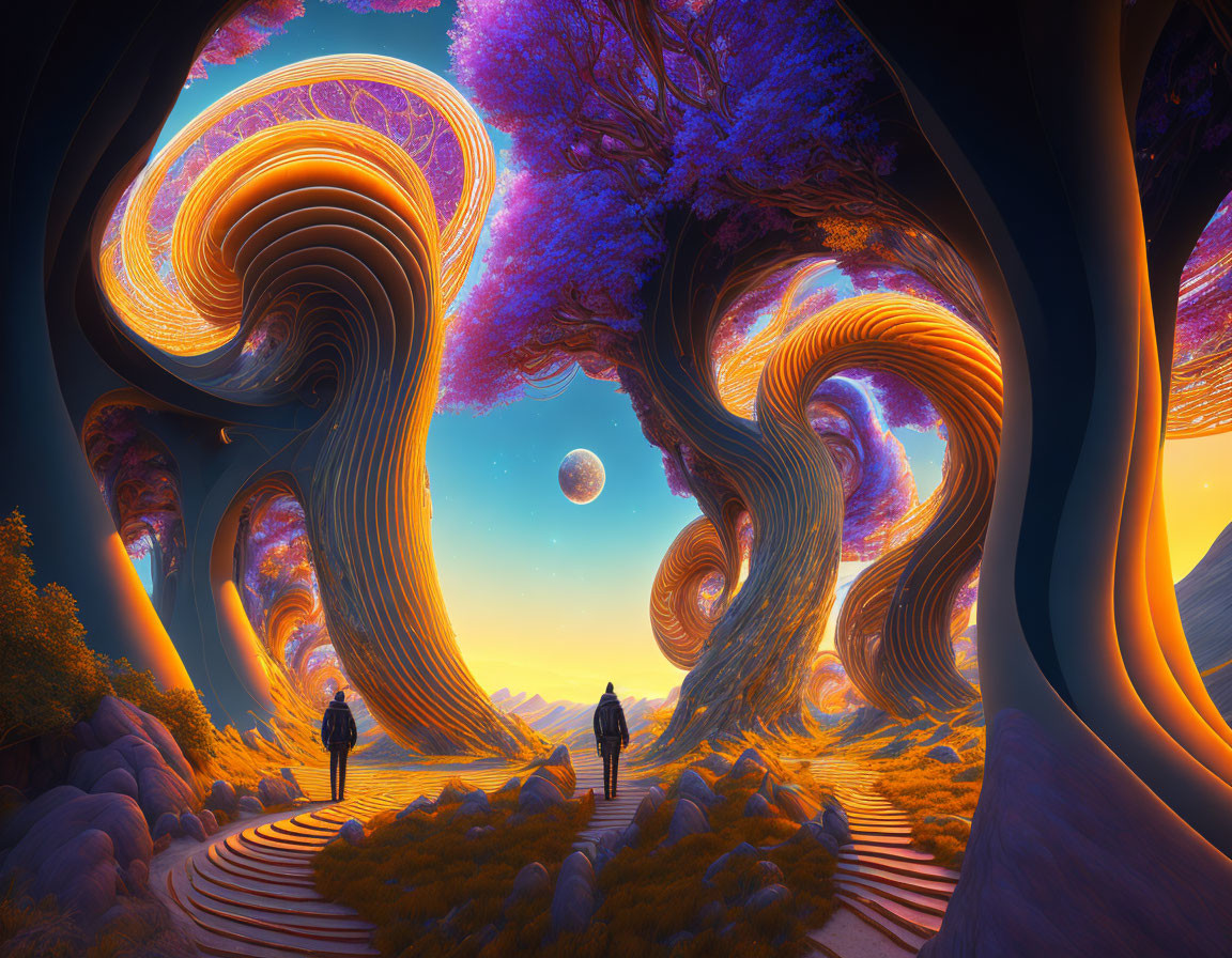 Fantasy landscape with figures and swirling tree-like structures under purple sky