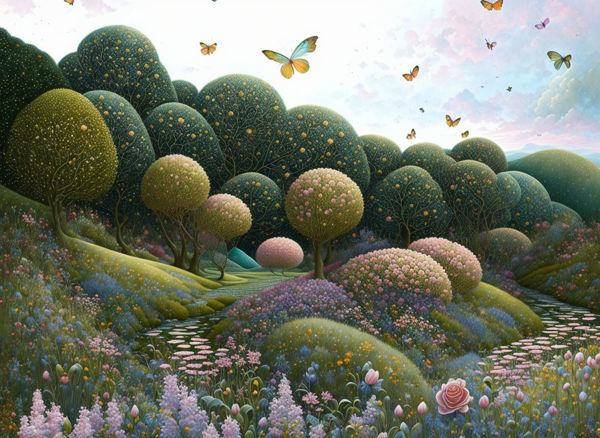 Whimsical landscape with round trees, flowers, butterflies, pastel sky