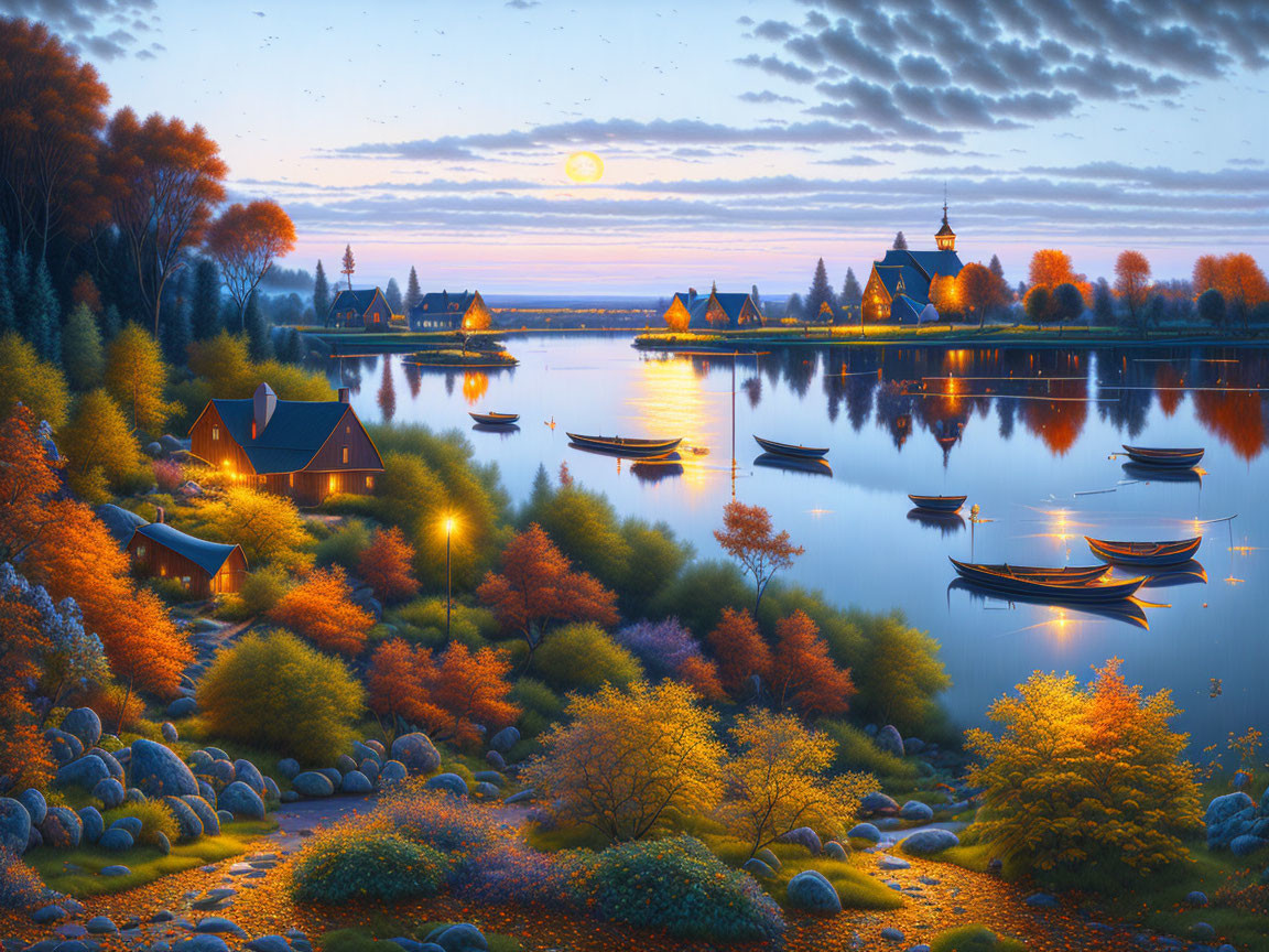 Autumn village scene: serene lake, boats, colorful trees, moonlit sky