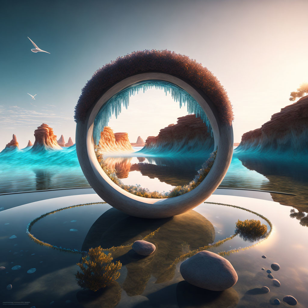 Surreal landscape with large ring structure and icicle-like formations