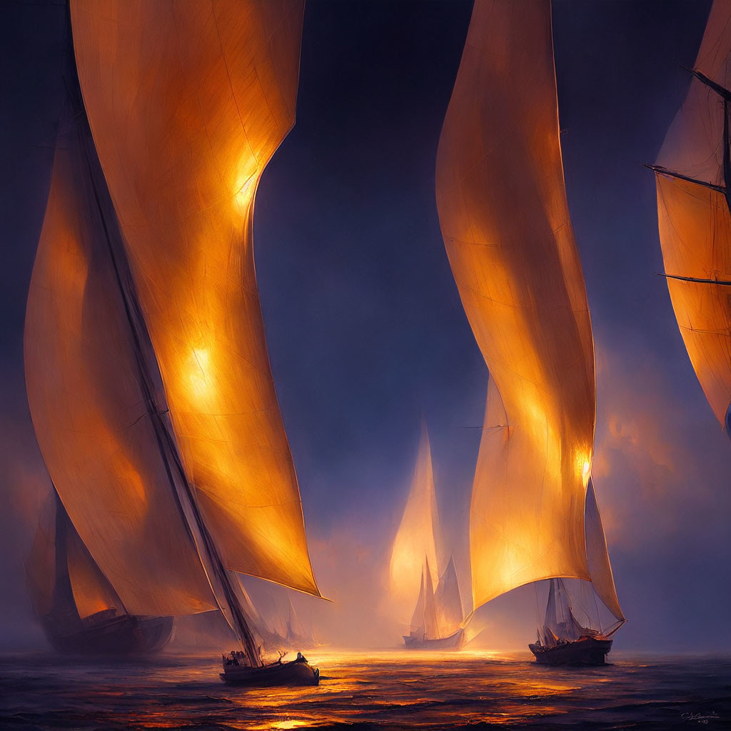 Golden-sailed sailing ships on misty waters under a glowing sky